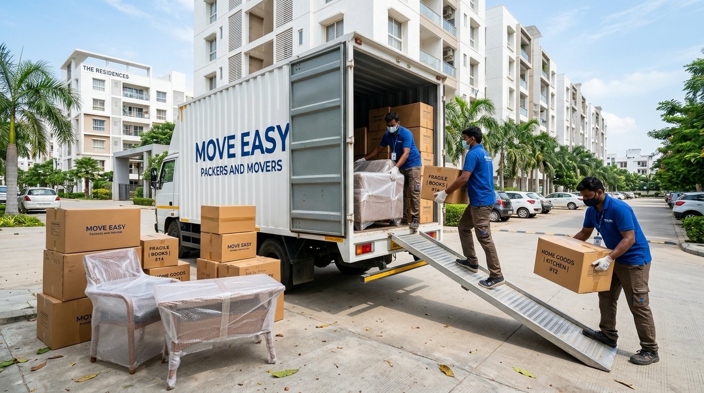 Move Easy Packers and Movers - Professional team loading boxes into truck in Hyderabad